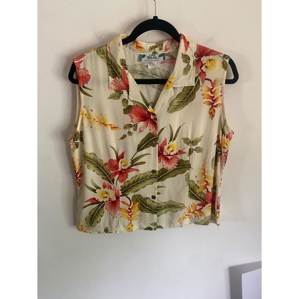 Two Palms Womens Hawaiian Shirt Large Floral Rayon Sleeveless Made in Hawaii